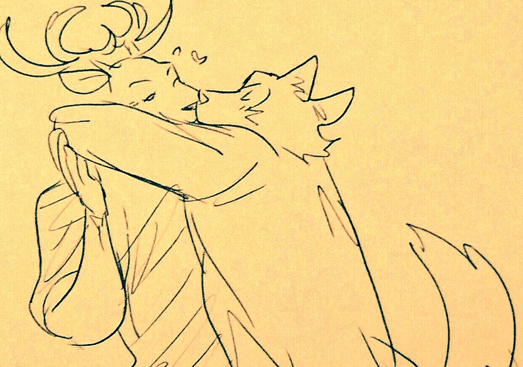 &lt;3 anthro beastars blush canid canine canis cervid clothed clothing duo embrace eyes_closed fully_clothed hug kissing legoshi_(beastars) louis_(beastars) male male/male mammal one_eye_closed smile wolf wuffinarts