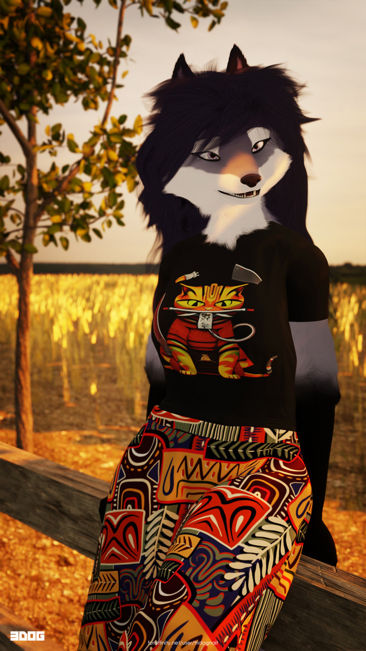 3d_(artwork) anthro barefoot canid canine canis claws clothed clothing cloud cloudscape detailed_background digital_media_(artwork) enfield english_text feet female fence fox fur grass grey_body grey_fur hair hi_res hioshiru_(character) hybrid mammal multicolored_body multicolored_fur outside paws pink_hair plant sky smile solo tan_body tan_fur text toes tongue tree tridognait wheat