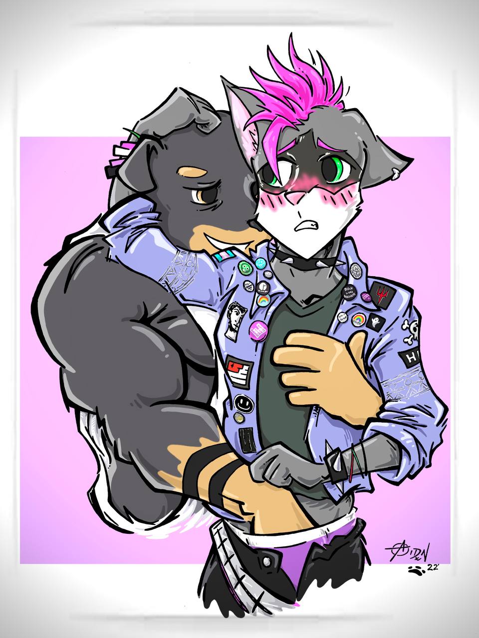 anthro battle_jacket big_spike blush bracelet canid canine canis clothed clothing collar dobermann domestic_dog duo ethan_bedlam girly grin groping_crotch hi_res jewelry male male/male mammal mastiff molestation molosser pinscher procyonid punk punk_hair questionable_consent raccoon rottweiler smile spike_(big_spike) spiked_bracelet spiked_collar spikes topless underwear