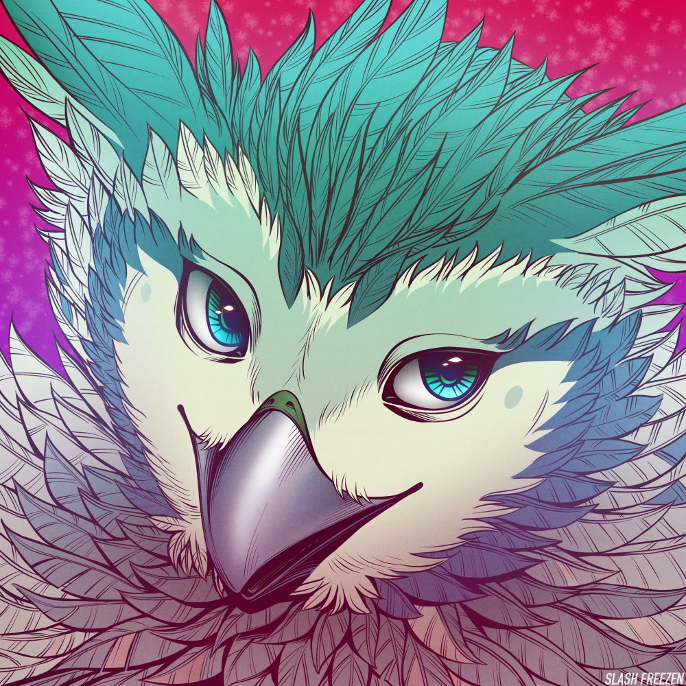 1:1 ambiguous_gender anthro artist_name avian beak bird blue_body blue_eyes blue_feathers feathers front_view glistening glistening_eyes green_eyes grey_beak grey_body grey_feathers headshot_portrait multicolored_eyes open_mouth owl portrait simple_background slash_freezen solo two_tone_eyes white_body white_feathers