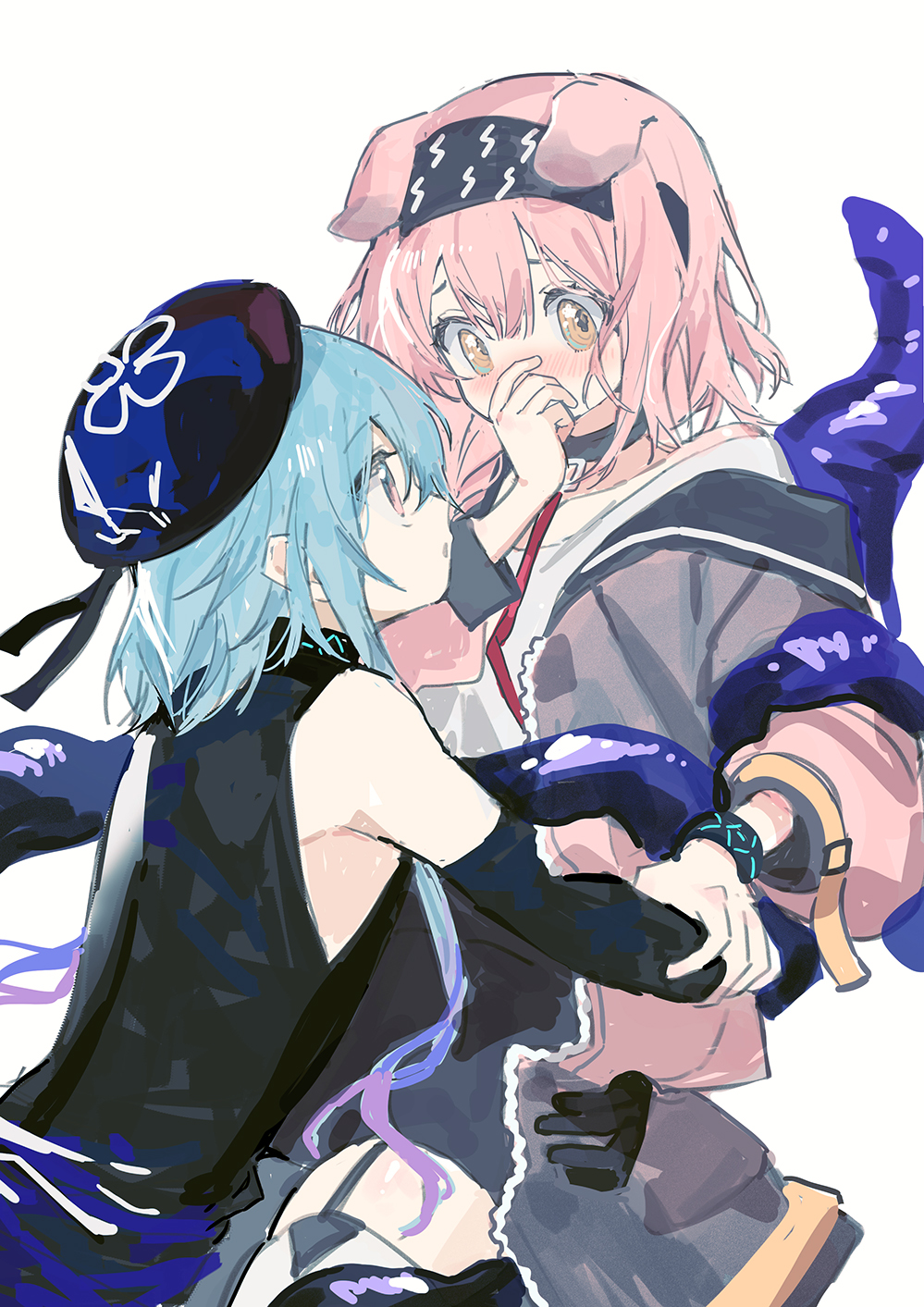 1boy 1girl animal_ears arknights bangs bare_shoulders beret black_hairband black_jacket black_shirt black_skirt blue_hair blue_headwear blush brown_eyes cat_ears covered_mouth eye_contact garter_straps goldenglow_(arknights) hair_between_eyes hairband hat highres jacket lightning_bolt_print long_sleeves looking_at_another mizuki_(arknights) nose_blush open_clothes open_jacket parted_lips pink_eyes pink_hair print_hairband profile puffy_long_sleeves puffy_sleeves red_(girllove) shirt simple_background skirt sleeveless sleeveless_shirt thighhighs white_background white_shirt white_thighhighs