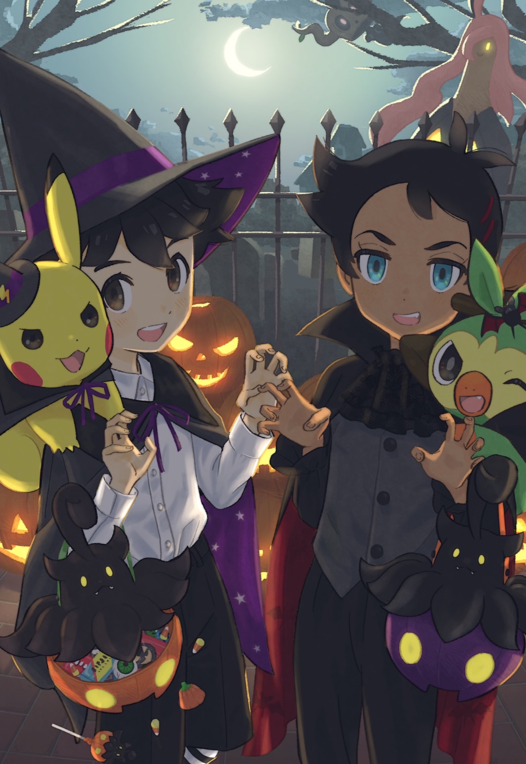 2boys :d ash_ketchum bangs black_cape black_hair black_headwear black_pants blue_eyes blush brown_eyes buttons candy cape claw_pose commentary_request crescent_moon eyelashes fence food goh_(pokemon) gourgeist grookey halloween halloween_costume hands_up hat highres jack-o'-lantern lollipop male_focus minato_(mntnm) moon multiple_boys night open_mouth outdoors pants phantump pikachu pokemon pokemon_(anime) pokemon_(creature) pokemon_journeys pumpkaboo shirt short_hair sky smile standing teeth tongue upper_teeth white_shirt wizard_hat