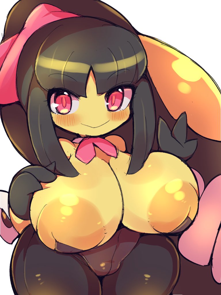 big_breasts blush breasts clothed clothing female generation_3_pokemon humanoid looking_at_viewer mawile nekoyuu nintendo pokemon pokemon_(species) red_eyes solo thick_thighs video_games yellow_body