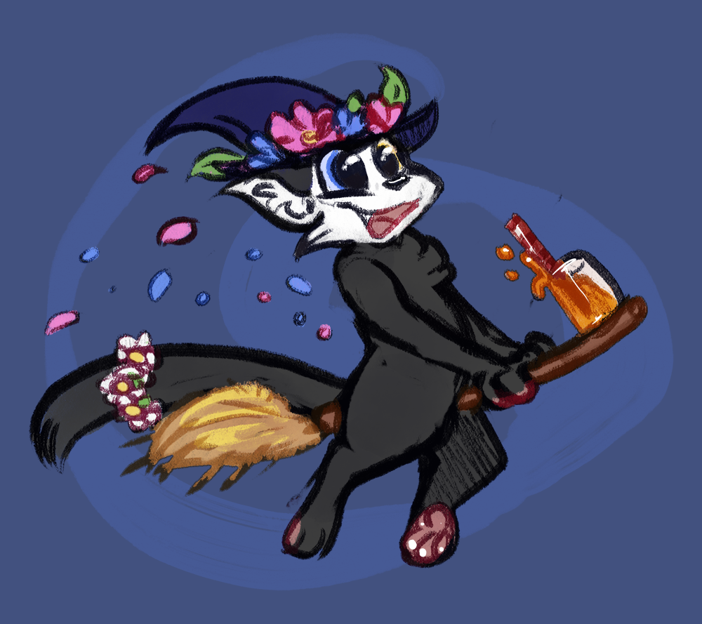 ambiguous_gender anthro black_body broom broom_riding cleaning_tool clothing dizzy_(dizzymilky) domestic_cat felid feline felis flower flower_petals hat headgear headwear heterochromia mammal pawpads petals pink_pawpads plant pocketpaws solo witch_hat