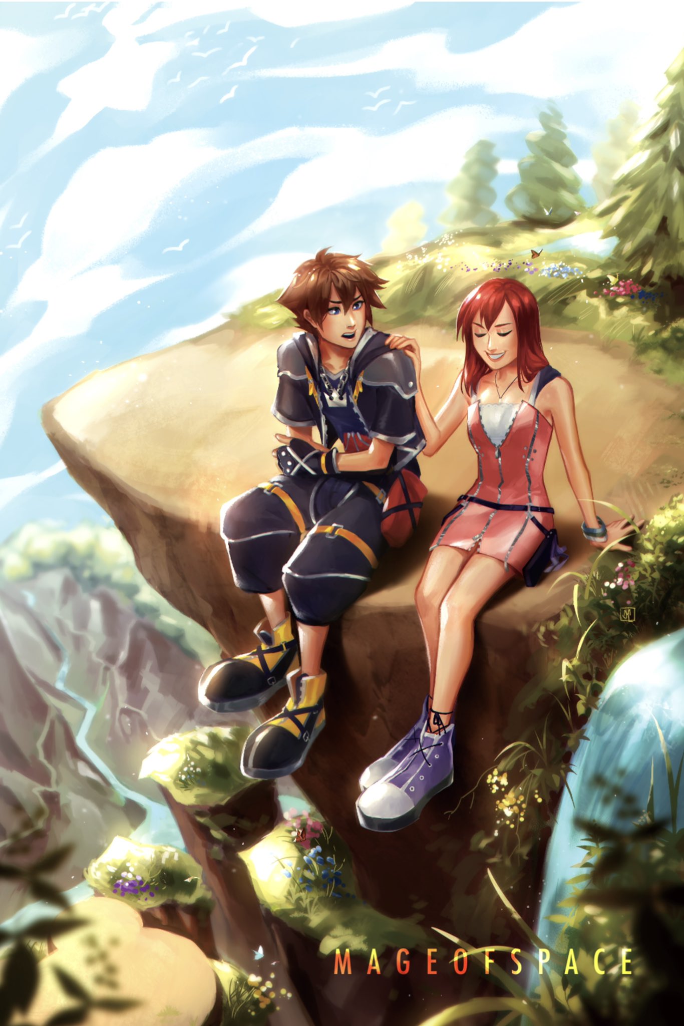 1boy 1girl artist_name bare_shoulders black_gloves breasts brown_hair chain_necklace cliff closed_eyes crossed_arms dress fingerless_gloves flock full_body gloves hair_between_eyes hand_on_another's_shoulder highres jewelry kairi_(kingdom_hearts) kingdom_hearts kingdom_hearts_ii looking_at_another mageofspace medium_hair nature necklace open_mouth outdoors pink_dress red_hair short_hair short_sleeves sitting sleeveless sleeveless_dress small_breasts smile sora_(kingdom_hearts) teeth water waterfall wristband