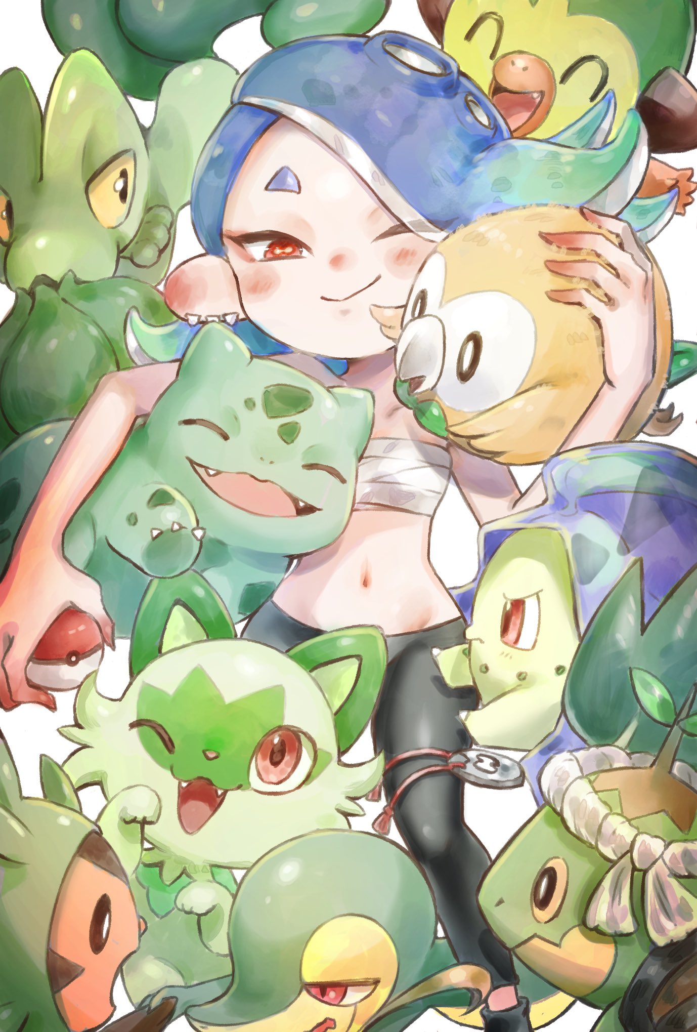 1girl ;) ^_^ black_pants blue_hair bright_pupils bulbasaur cephalopod_eyes chespin chest_sarashi chikorita closed_eyes closed_mouth collarbone colored_skin company_connection crossover earrings eyes_visible_through_hair gradient_hair gradient_skin green_hair groin grookey hachimaki hand_up headband headwear_removed highres holding holding_poke_ball horizontal_pupils jewelry long_hair looking_at_viewer multicolored_hair multicolored_skin multiple_earrings navel nejiri_hachimaki nintendo octarian one_eye_closed pants plum0o0 poke_ball poke_ball_(basic) pokemon pokemon_(creature) red_eyes red_skin rowlet sarashi shiver_(splatoon) simple_background smile snivy splatoon_(series) splatoon_3 sprigatito suction_cups tentacle_hair treecko turtwig two-tone_hair two-tone_skin white_background white_pupils
