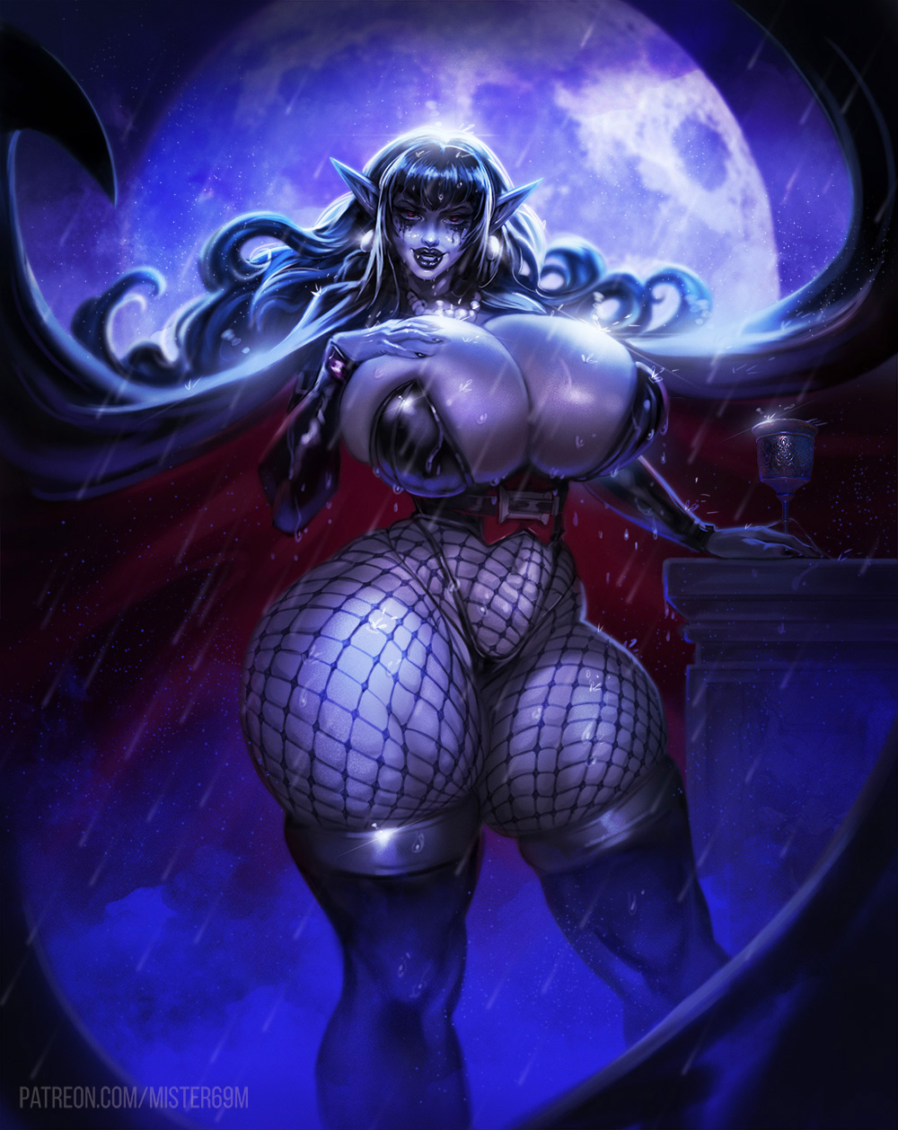 big_breasts bra breasts cleavage clothed clothing female hi_res huge_breasts humanoid humanoid_pointy_ears legwear mister69m not_furry panties solo thick_thighs thigh_highs underwear vampire wide_hips