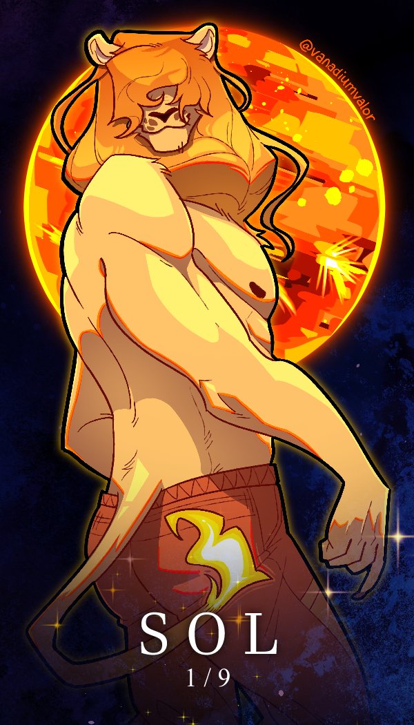 2022 anthro bangs biceps biped body_hair bottomwear claws clothed clothing cosmic_background covered_eyes felid fur hair hair_over_eye hair_over_eyes lion looking_at_viewer looking_back male mammal mane muscular muscular_anthro muscular_male nipples one_eye_obstructed orange_hair pantherine pants pecs shaded shirtless side_view signature sol_(solar_house) solar_house solo standing star sun tail_flame text topless vanadiumvalor yellow_body yellow_fur