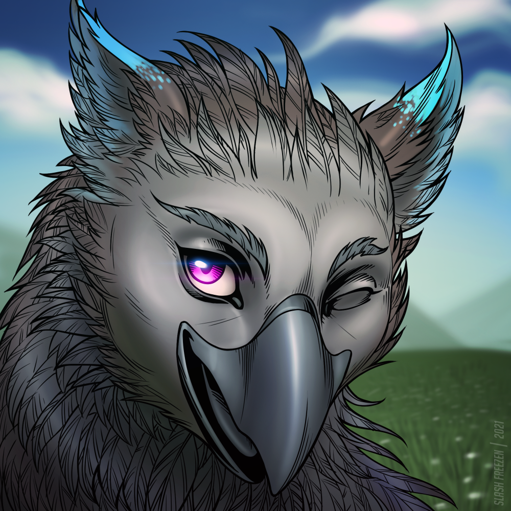 1:1 2021 ambiguous_gender anthro artist_name avian beak blue_sky blurred_background bust_portrait cheek_tuft cloud dated dipstick_ears eyes_closed facial_tuft feathers grass grey_beak grey_body grey_feathers grey_tongue gryphon head_feathers looking_at_viewer multicolored_ears mythological_avian mythology neck_tuft nude one_eye_closed open_mouth open_smile outside plant portrait sky slash_freezen smile solo tongue tuft