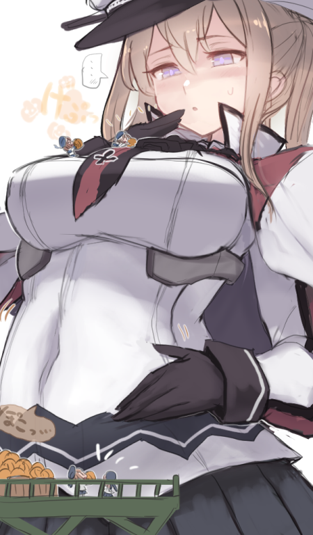 ... 6+girls bangs black_gloves black_skirt blonde_hair blush breasts capelet commentary_request cross fairy_(kancolle) gloves graf_zeppelin_(kancolle) hair_between_eyes hat iron_cross kantai_collection large_breasts long_hair military military_uniform multiple_girls necktie peaked_cap purple_eyes simple_background skirt sound_effects spoken_ellipsis twintails uniform utopia white_background