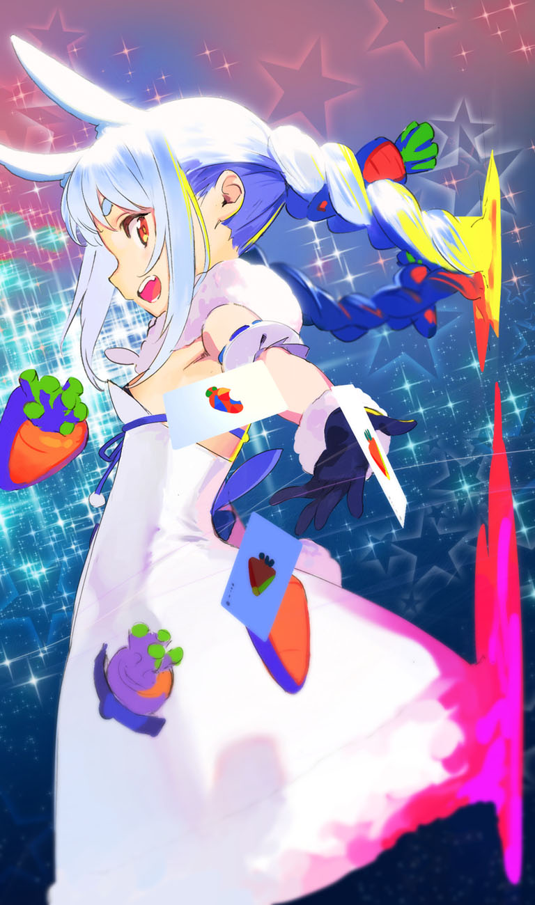 :d animal_ears blue_background braid card carrot_hair_ornament dress food-themed_hair_ornament hair_ornament highres hololive looking_at_viewer pako_(pakosun) rabbit_ears rabbit_tail smile starry_background tail twin_braids usada_pekora white_dress white_hair yellow_eyes