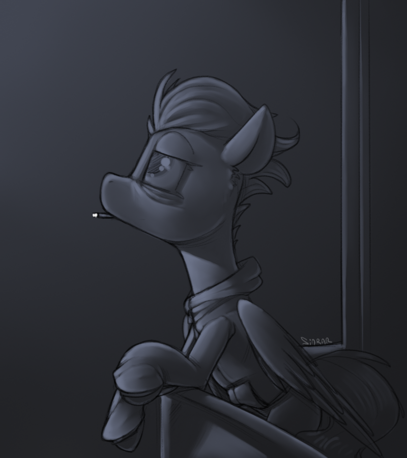 2020 cigarette clothing equid equine feathered_wings feathers female feral folded_wings friendship_is_magic greyscale half-closed_eyes hasbro jacket looking_up mammal monochrome mouth_hold my_little_pony narrowed_eyes pegasus sinrar smoking solo spitfire_(mlp) tired topwear wings wonderbolts_(mlp)