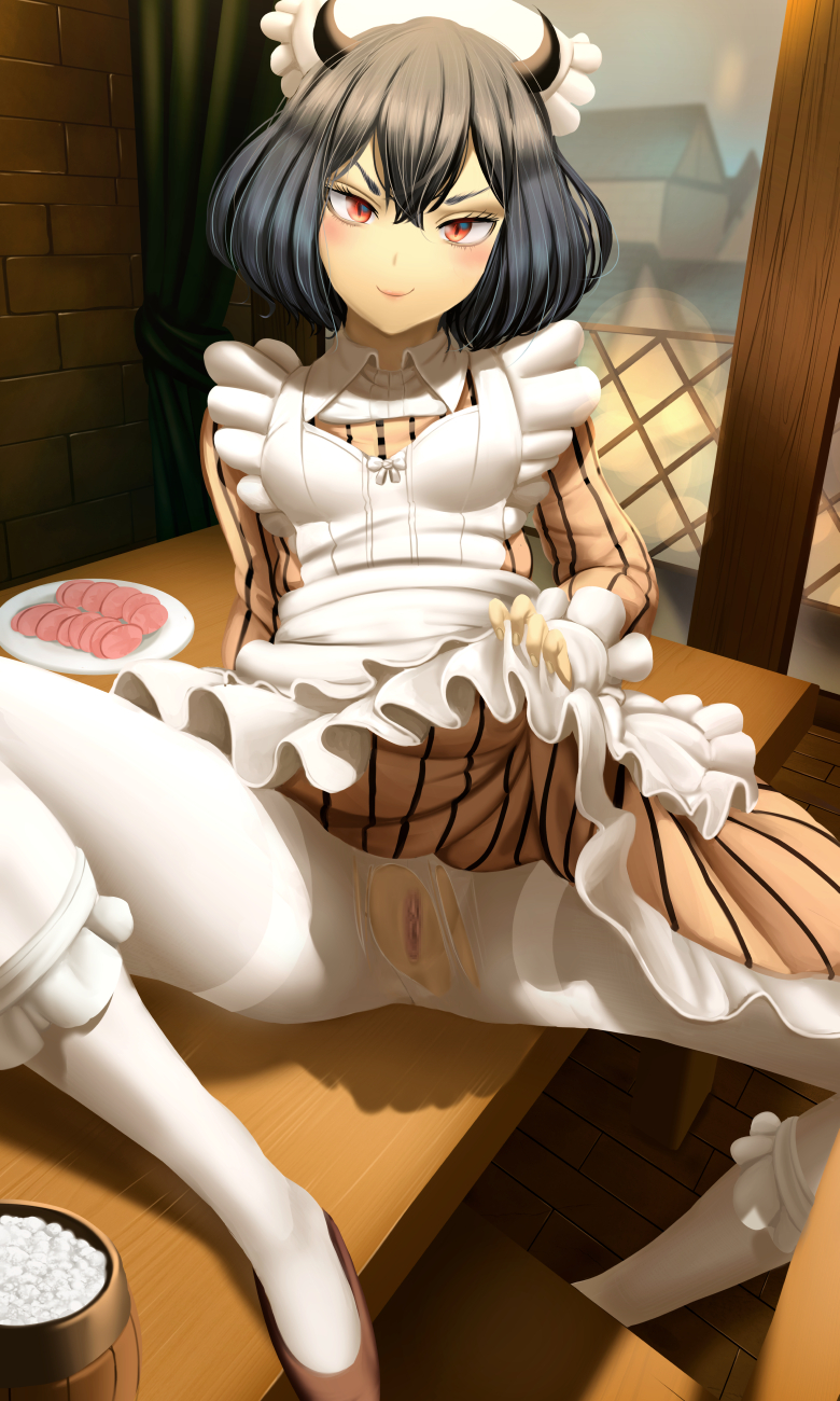 1girl apron black_clover black_hair blush bob_cut brown_footwear clothes_lift demon_horns dkoro dress dress_lift highres horns naughty_face pantyhose pussy red_eyes secre_swallowtail sitting sitting_on_table smile socks solo torn_pantyhose waitress white_apron white_pantyhose white_socks