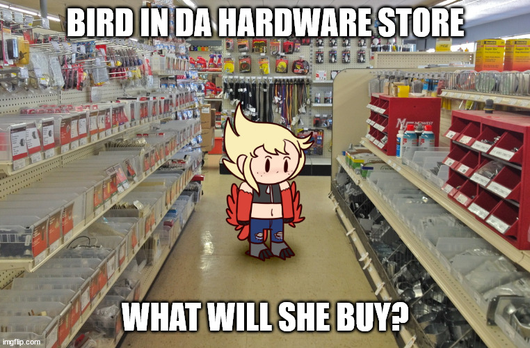 ace_hardware avian blonde_hair blush bottomwear chibi claws clothing crop_top denim denim_clothing dot_eyes dusk_matsumoto_(tinydemon) european_mythology feathers female freckles greek_mythology hair harpy humanoid impact_(font) jeans meme midriff mythological_avian mythology pants photo_background red_body red_feathers shirt shitpost solo tail_feathers talons tinydemon topwear torn_bottomwear torn_clothing torn_jeans torn_pants winged_arms wings