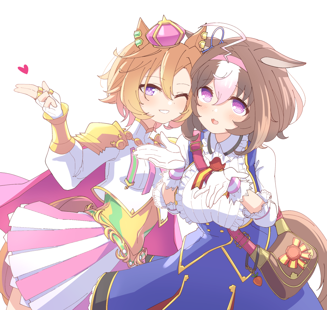 2girls @_@ animal_ears armor bag bangs blue_jacket blush breasts brown_hair cape crown ear_piercing fingerless_gloves frilled_shirt_collar frills gloves heart hihiqhi horse_ears horse_girl horse_tail jacket large_breasts long_sleeves looking_at_viewer medium_hair meisho_doto_(umamusume) mini_crown multiple_girls one_eye_closed open_mouth orange_hair piercing purple_eyes salute shirt short_hair shoulder_armor shoulder_bag skirt sleeveless sleeveless_jacket small_breasts smile t.m._opera_o_(umamusume) tail turtle two-finger_salute umamusume upper_body white_gloves white_shirt