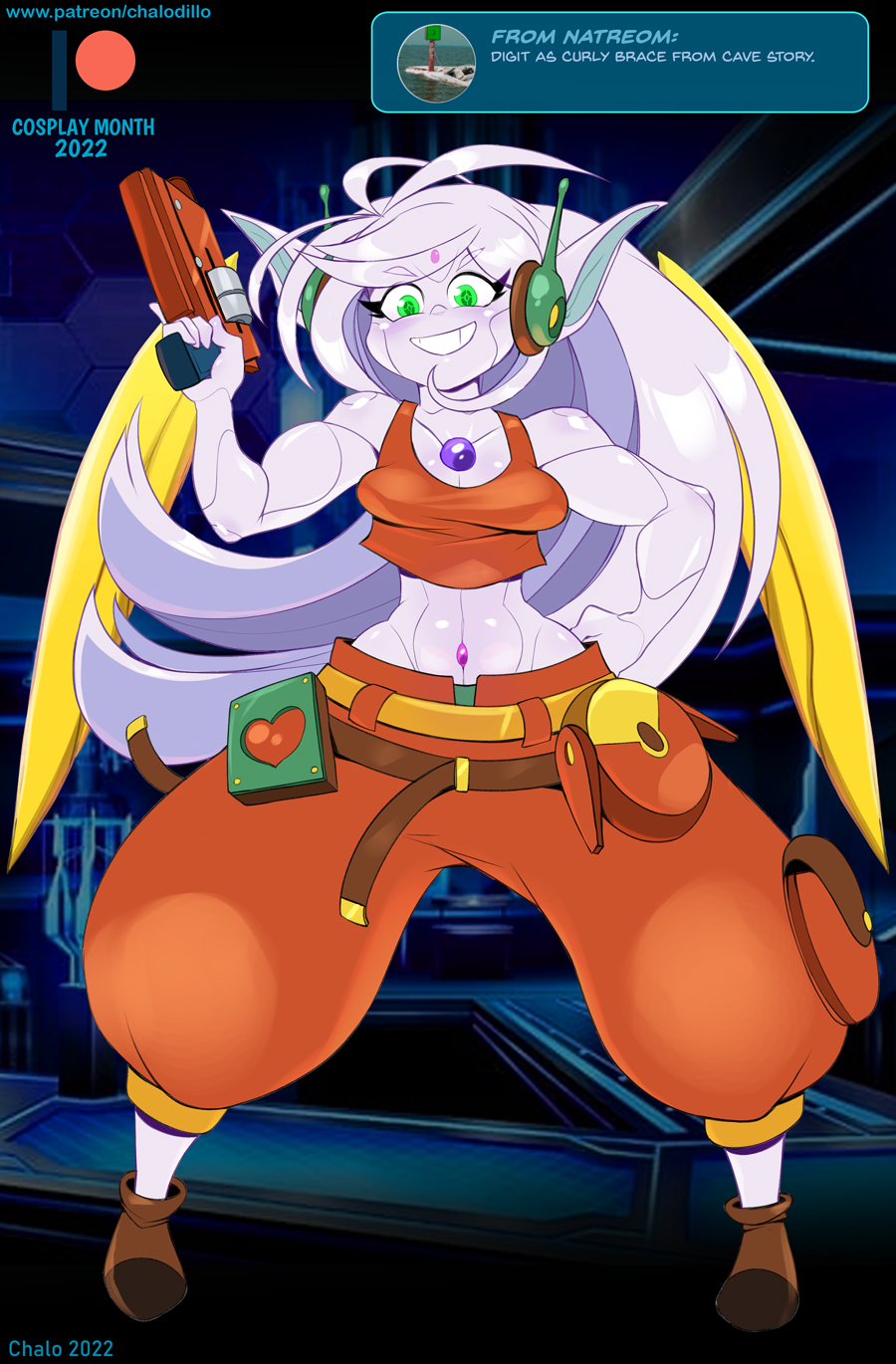 2022 artist_name ask_blog bottomwear breasts cave_story chalo clothed clothing cosplay curly_brace digit_(chalo) english_text female footwear full-length_portrait green_eyes gun hair hand_on_hip hi_res humanoid las_lindas long_hair looking_at_viewer midriff nanozell_spirit pants patreon portrait ranged_weapon shoes solo standing text topwear url video_games weapon webcomic webcomic_character white_body white_hair