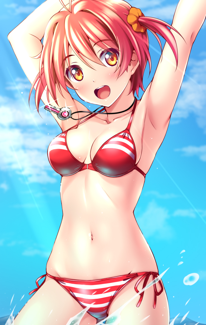 1girl bikini blue_sky breasts cloud collarbone hair_ornament hair_scrunchie isshiki_akane jewelry key medium_breasts navel necklace nonbe open_mouth orange_eyes red_bikini red_hair round_teeth scrunchie short_hair side-tie_bikini_bottom sky smile solo striped striped_bikini swimsuit teeth twintails upper_teeth vividred_operation