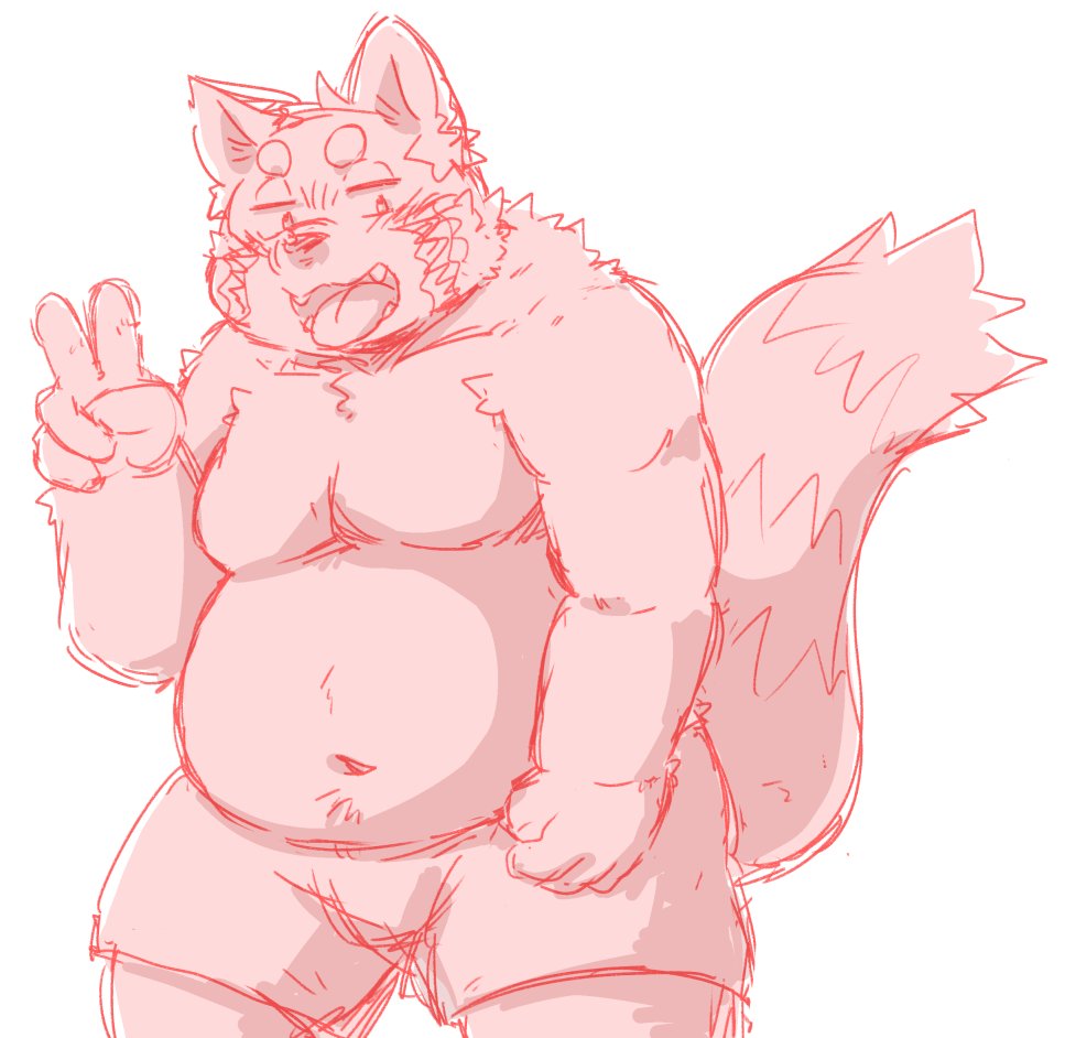 2022 ailurid anthro belly blush clothing humanoid_hands kemono kota&acute; male mammal moobs overweight overweight_male red_panda sketch solo tongue tongue_out underwear