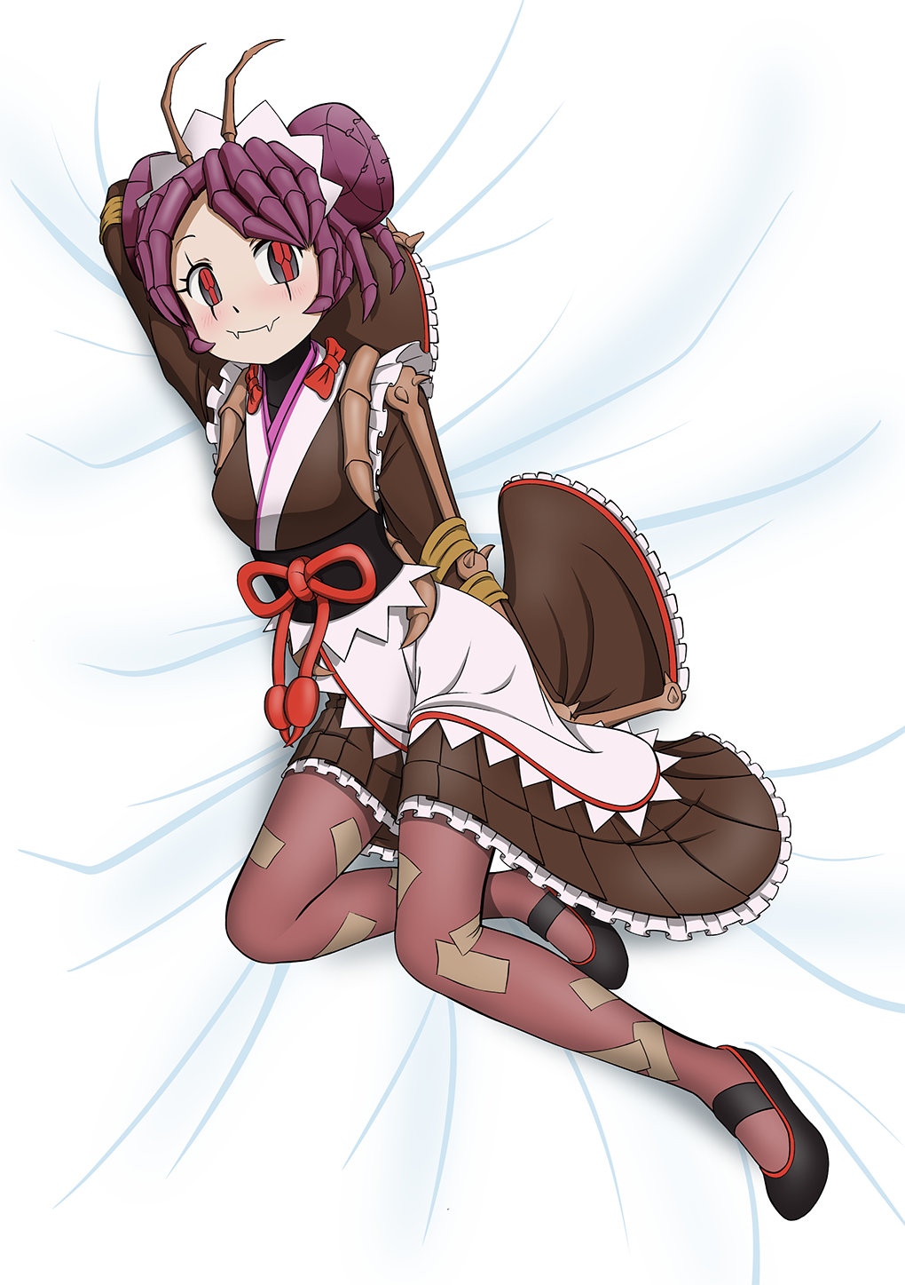 1girl antennae apron arm_behind_head arthropod_girl bed_sheet black_footwear blush brown_kimono commentary_request double_bun entoma_vasilissa_zeta fangs hair_bun highres japanese_clothes kimono legs light_smile looking_at_viewer lying maid maid_headdress mary_janes ofuda on_back overlord_(maruyama) pantyhose purple_pantyhose red_eyes ribbon shoes skin_fangs sleeves_past_wrists solo waist_apron wicchii