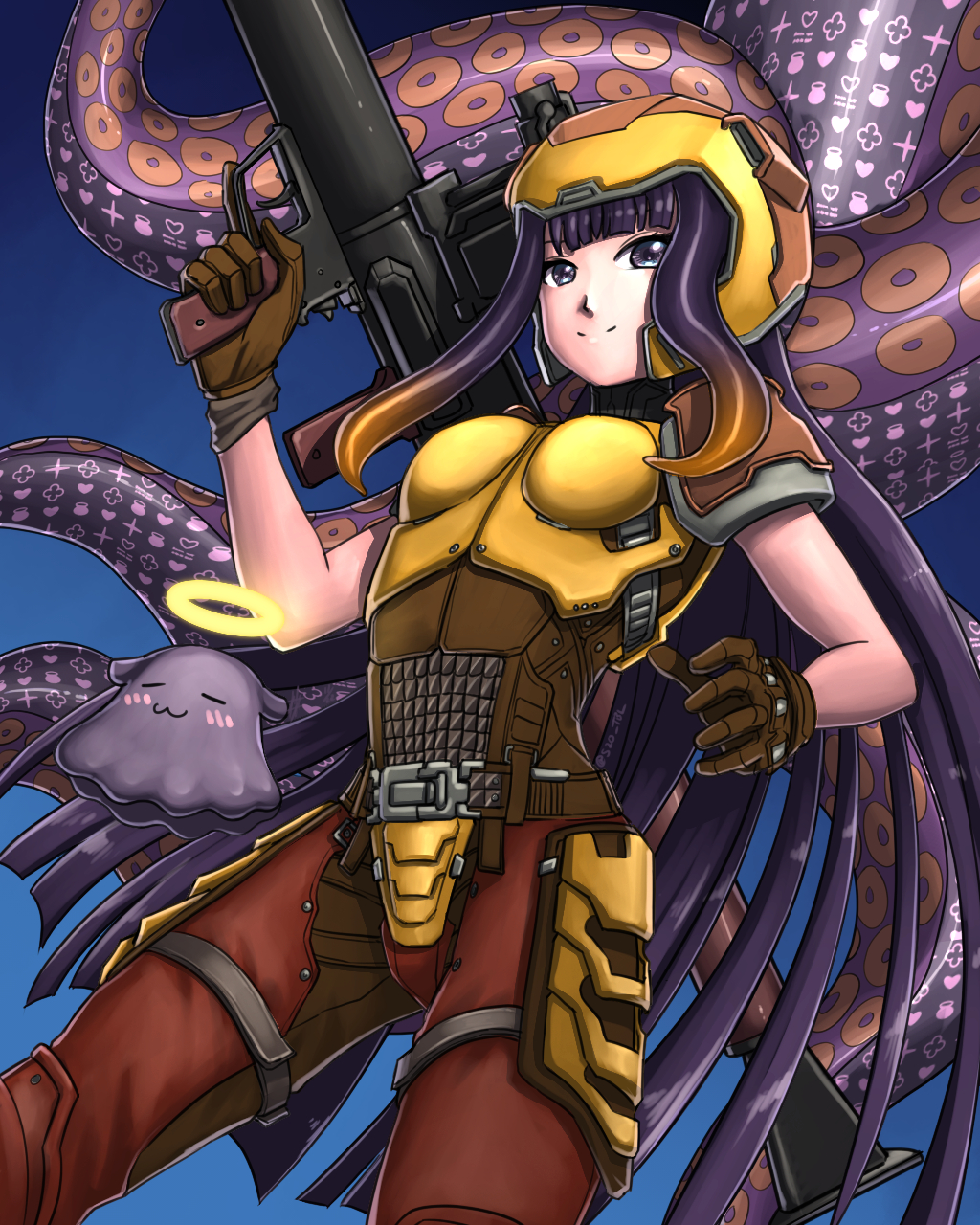 1girl blue_background breasts brown_gloves cosplay gloves halo heart helmet highres holding holding_weapon hololive hololive_english long_hair ninomae_ina'nis quake ranger_(quake) rocket_launcher rpg short_sleeves smile solo substance20 tentacles virtual_youtuber weapon yellow_armor