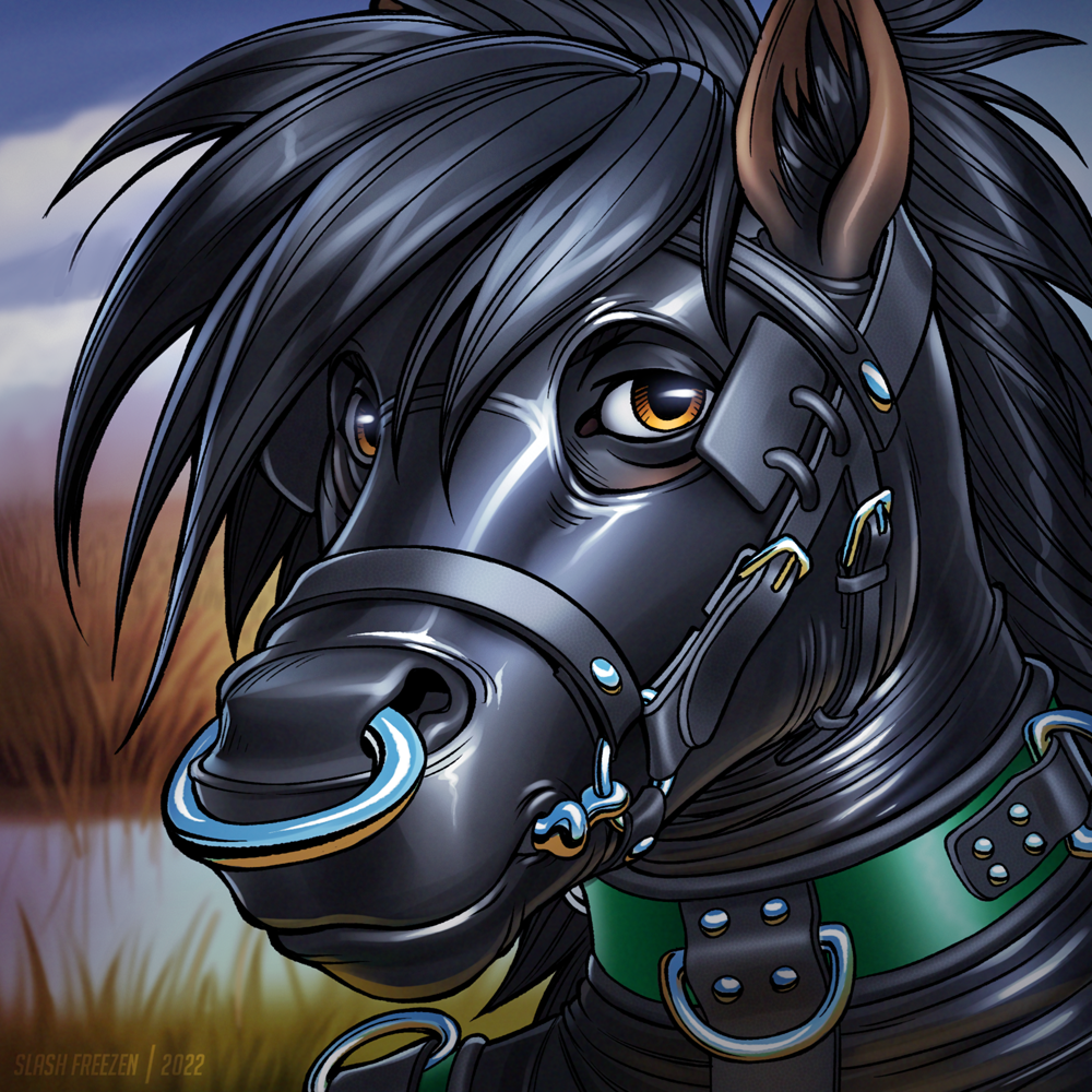 1:1 2022 ambiguous_gender anthro artist_name bit_gag black_body black_hair black_inner_ear_fluff blinders blurred_background bust_portrait clothed clothing collar dated equid equine eyewear facial_piercing gag glistening glistening_eyes grass green_collar hair horse inner_ear_fluff looking_at_viewer mammal mouth_closed muzzle_gag nose_piercing nose_ring orange_eyes outside piercing plant portrait ring_piercing rubber rubber_clothing rubber_mask rubber_suit septum_piercing septum_ring short_hair slash_freezen solo tuft