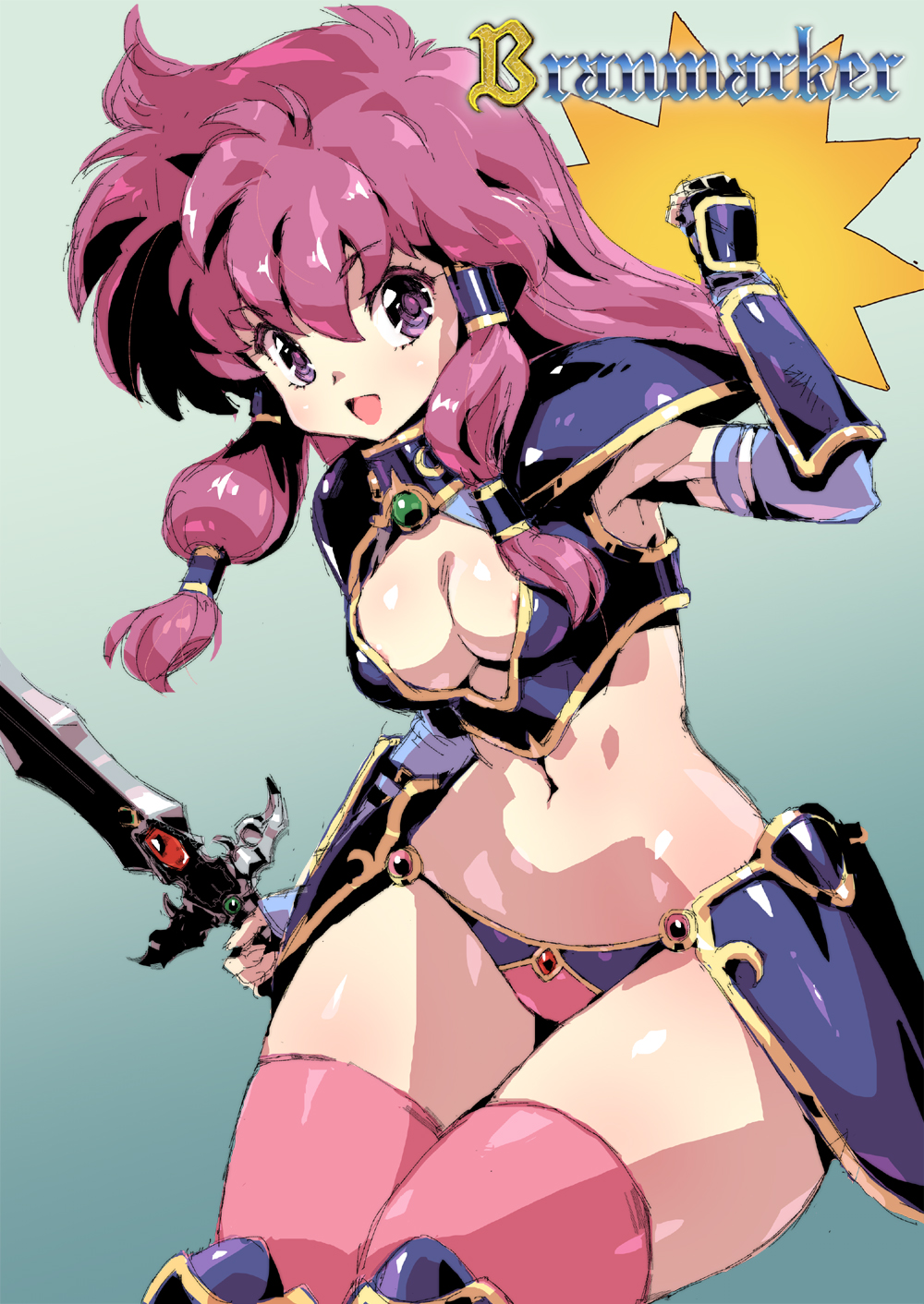1girl arm_up armor bikini bikini_armor blue_bikini branmarker breasts brown_eyes brown_hair character_request cleavage clenched_hand commentary_request commission copyright_name elbow_gloves fingerless_gloves gem gloves highres long_hair navel nipple_slip nipples open_mouth pauldrons pink_thighhighs puchidori shoulder_armor skeb_commission smile solo swimsuit sword thick_thighs thighhighs thighs weapon