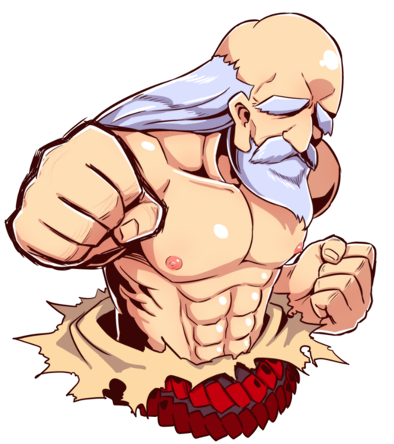 1boy abs bald beard breasts_day clenched_hand cropped_torso facial_hair grey_hair long_hair looking_at_viewer male_focus monk_(sekaiju) mustache naga_u pectorals sekaiju_no_meikyuu sekaiju_no_meikyuu_3 simple_background solo thick_eyebrows topless_male white_background