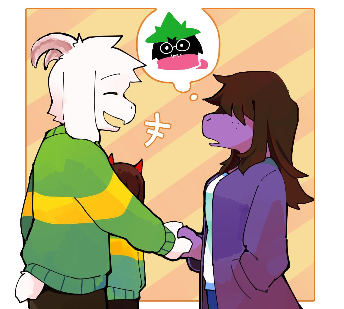2019 anthro asriel_dreemurr chara_(undertale) clothed clothing deltarune digital_media_(artwork) female fur hair hand_in_pocket horn long_ears male mammal na1748_(artist) ralsei reptile scalie short_tail simple_background susie_(deltarune) thought_bubble undertale video_games white_fur