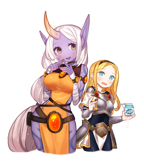 big_breasts blonde_hair blue_eyes blush breasts clothed clothing female hair hairband horn league_of_legends lux_(lol) milk purple_skin riot_games skimpy small_breasts soraka_(lol) tattoo video_games white_hair wraps yellow_eyes yomieee_(artist)