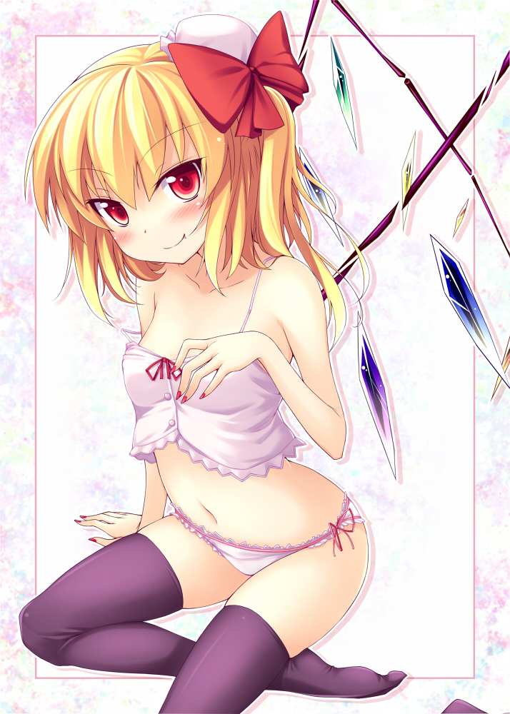 black_legwear blonde_hair bow flandre_scarlet hair_bow lingerie nail_polish nullken red_eyes red_nails short_hair side_ponytail solo thighhighs touhou underwear underwear_only wings