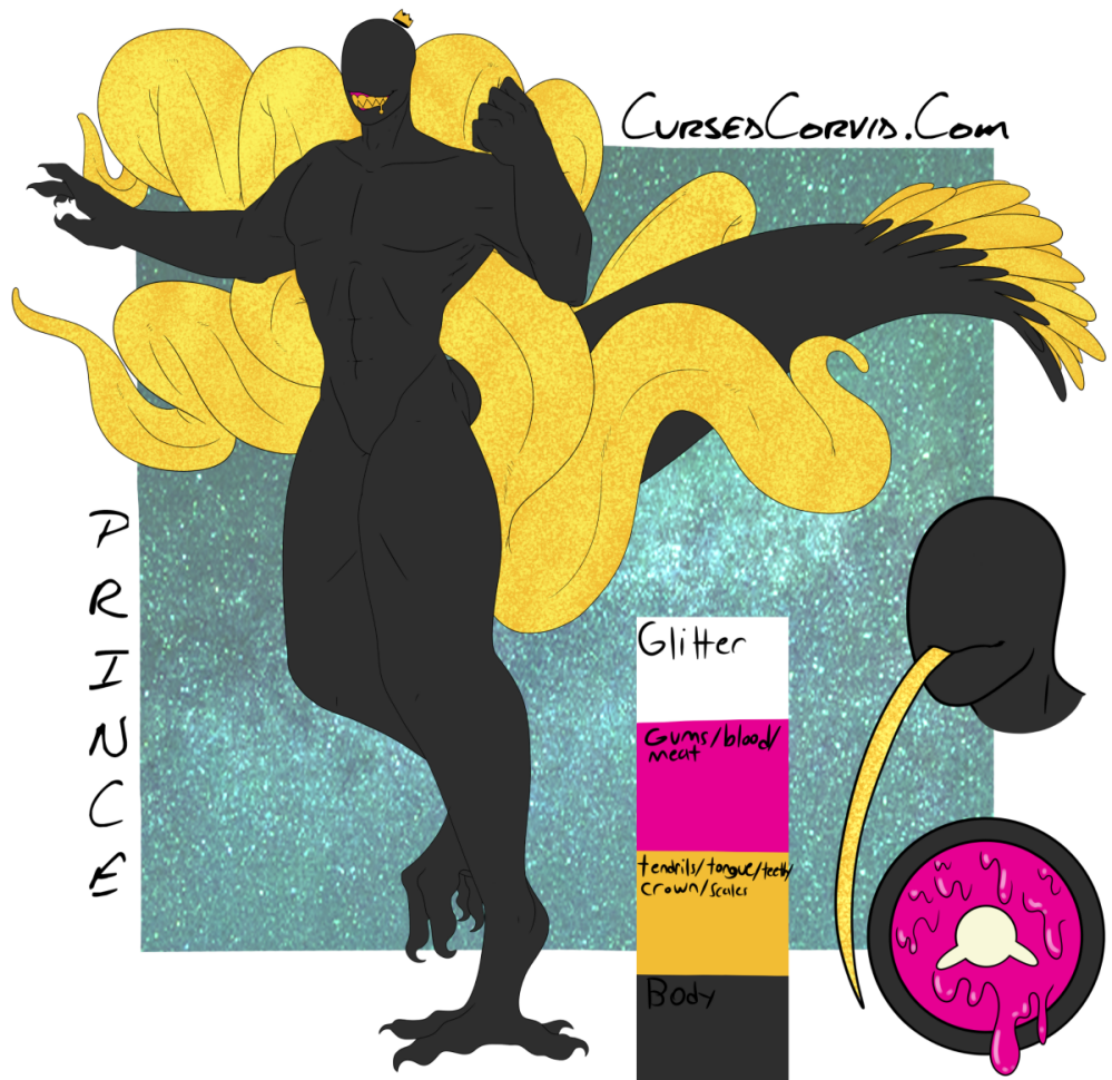 2019 alien biped blackfluffybunny blood crown digital_media_(artwork) feathers gold_(metal) gold_tooth humanoid intersex model_sheet monster nude prince prince_the_devourer royalty sharp_teeth simple_background smile solo standing teeth tendrils tentacles tongue tongue_out