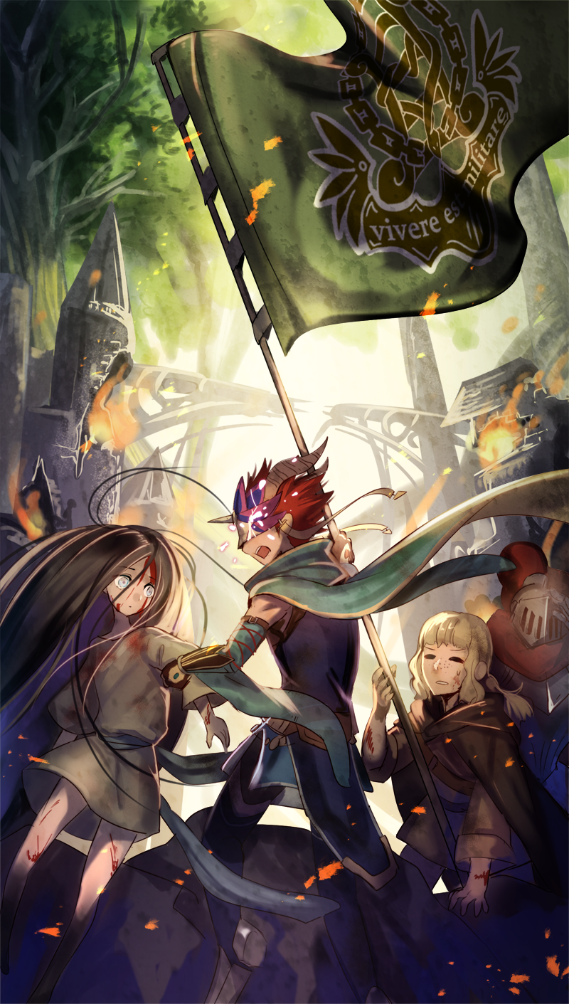 2girls 3boys banner barefoot bleeding blonde_hair blood blue_eyes bracer brown_cloak cape cloak cuts day eye_contact fire flag gate gauntlets green_cape helmet highres holding holding_arm holding_flag horns injury long_hair looking_at_another mask multiple_boys multiple_girls outdoors phima pixiv_fantasia_last_saga red_hair short_hair short_ponytail sidelocks spiked_hair standing torch tree very_long_hair