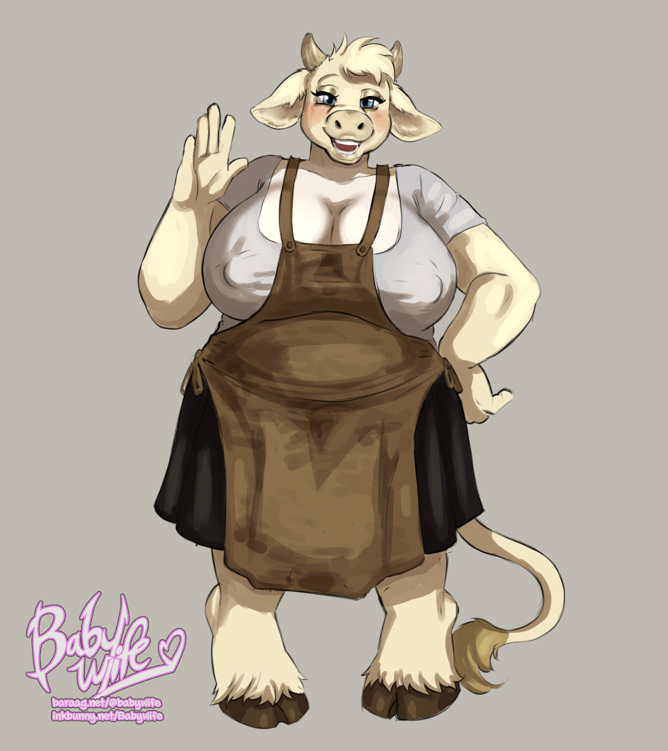 2022 5_fingers anthro apron artist_name babywife big_breasts blue_eyes bottomwear bovid bovine breasts cattle cleavage clothed clothing cloven_hooves eyebrows eyelashes female fingers fur hair half-closed_eyes hooves horn huge_breasts looking_at_viewer mammal narrowed_eyes nipple_outline shirt short_hair simple_background skirt smile solo standing t-shirt tan_background tan_body tan_fur tan_hair tarmah_(dulcine) text topwear url watermark