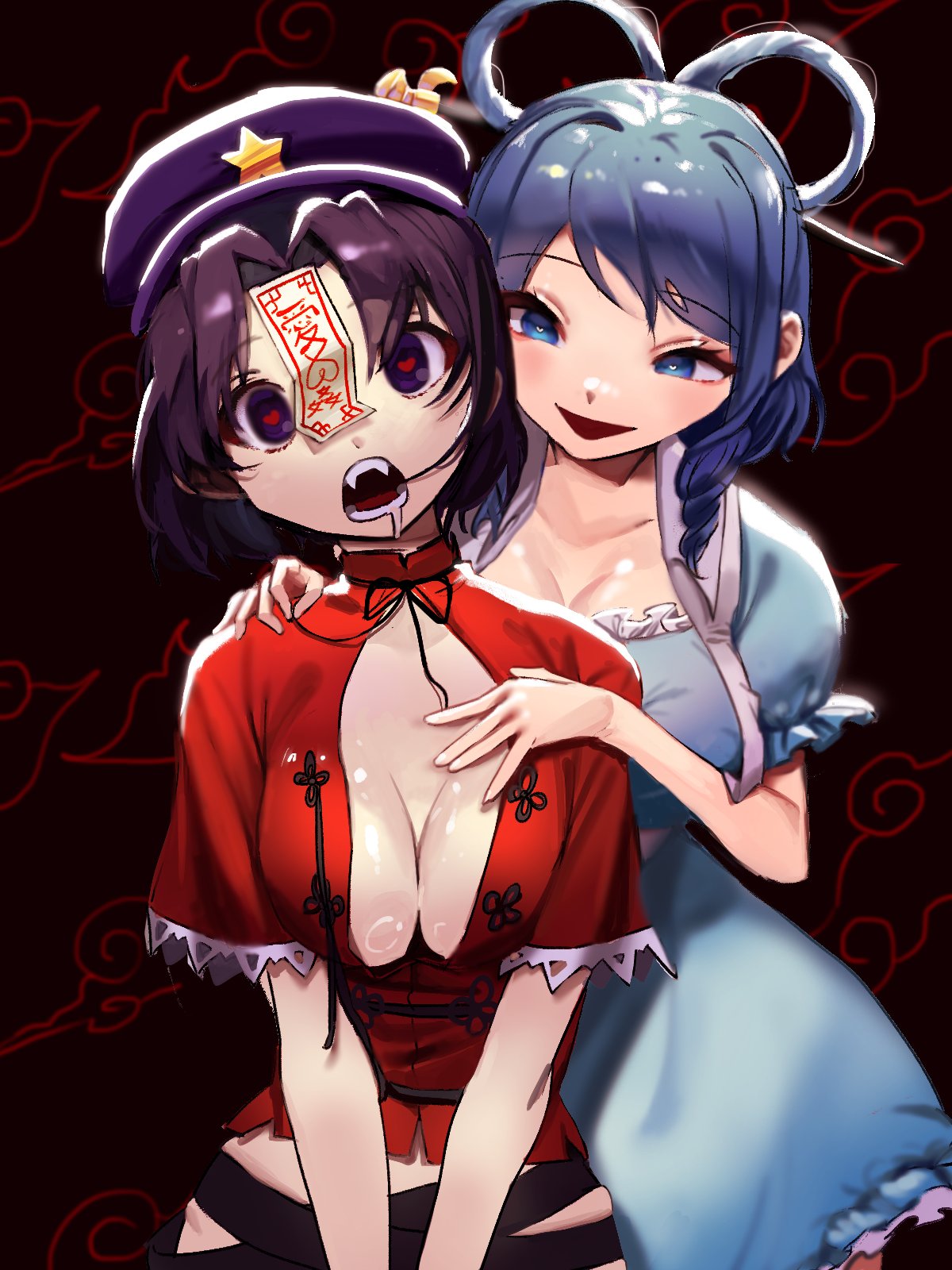10000_we 2girls beret blue_eyes blue_hair breasts cabbie_hat cleavage collarbone dress hair_ornament hair_rings hair_stick hat hat_ornament highres kaku_seiga miyako_yoshika multiple_girls ofuda open_mouth outstretched_arms purple_headwear touhou