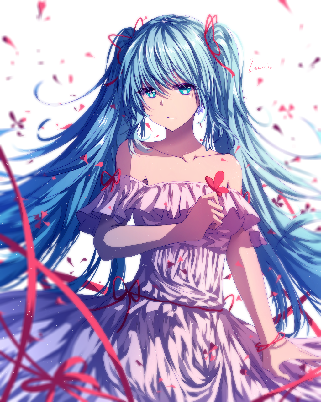 1girl blue_eyes blue_hair breasts chinese_commentary collarbone commentary_request dress floating_hair hair_between_eyes hair_ribbon hatsune_miku highres isumi_(yangyan) long_hair medium_breasts off-shoulder_dress off_shoulder pink_dress purple_dress red_ribbon ribbon shiny shiny_skin simple_background solo standing twintails very_long_hair vocaloid white_background wrist_ribbon