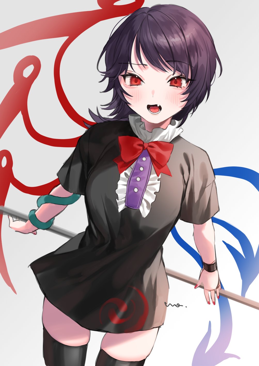 1girl asymmetrical_wings black_dress black_hair blue_wings bow bowtie center_frills cowboy_shot dress frills highres houjuu_nue looking_at_viewer makita_(vector1525) nail_polish open_mouth polearm red_bow red_bowtie red_eyes red_nails red_wings short_dress snake solo thighhighs touhou trident weapon wings wristband zettai_ryouiki