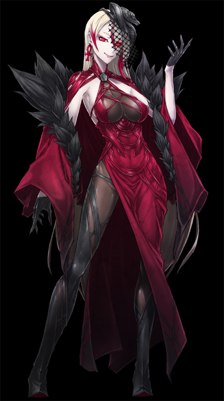1girl ankh ankh_earrings black_background blonde_hair breasts commentary_request contrapposto cthulhu_mythos dress earrings full_body fur_trim gradient_hair jewelry large_breasts long_hair looking_at_viewer mazeran multicolored_hair nyarlathotep queen_in_red red_dress red_eyes red_hair smile solo standing two-tone_hair very_long_hair