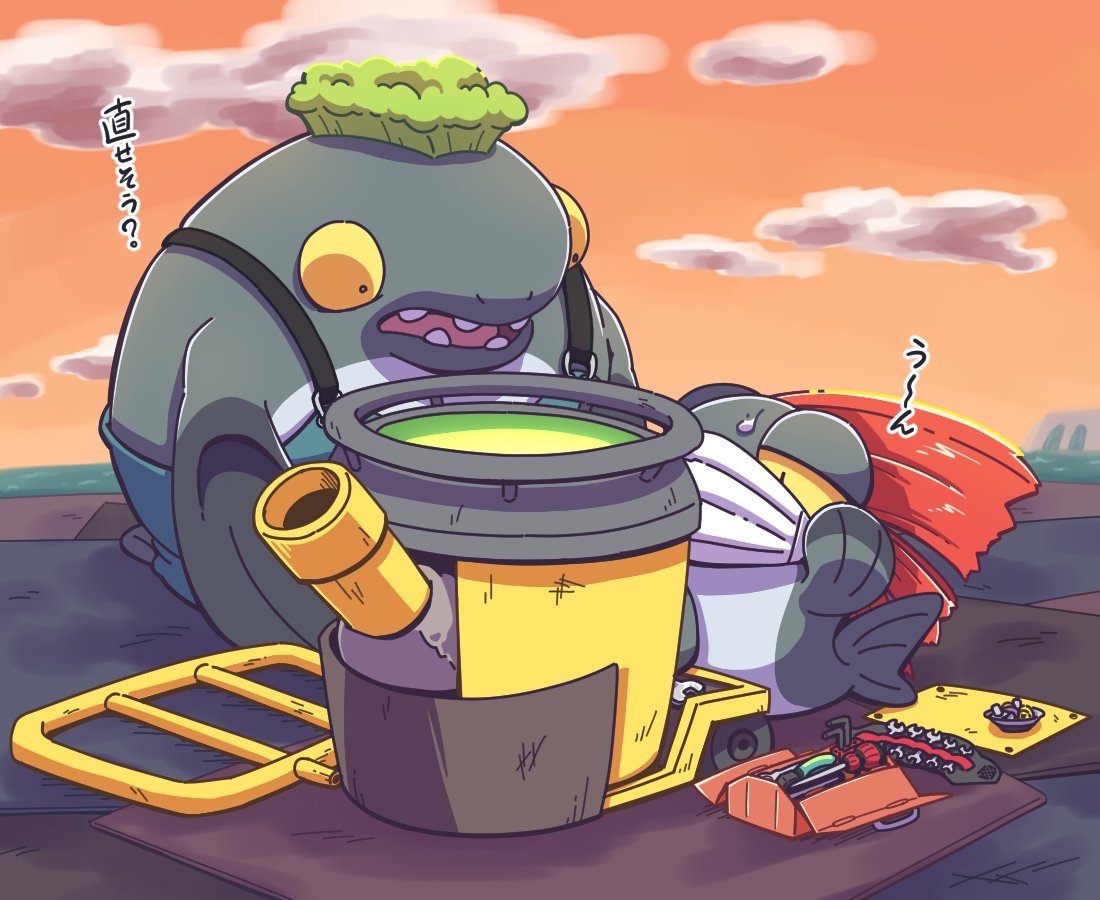 anthro big_shot_(splatoon) duo fish green_hair grey_body hair male marine mechanic nettsuu nintendo red_eyes red_fin salmonid_(splatoon) screwdriver splatoon steel_eel_driver tools video_games yellow_sclera