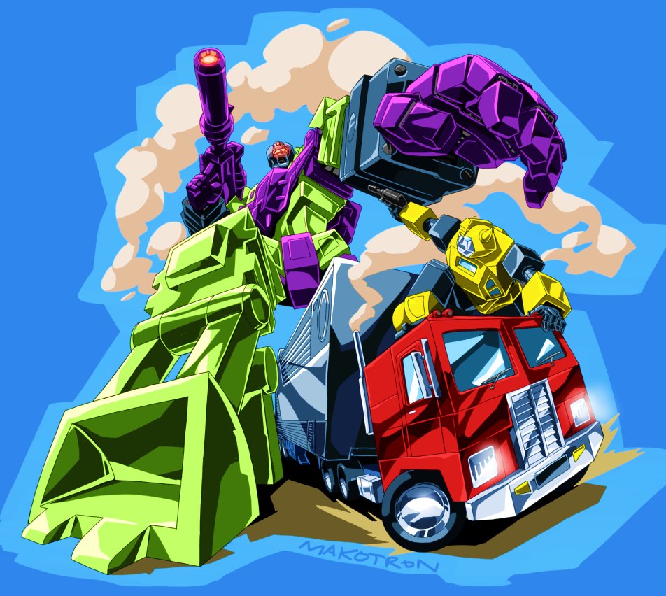 artist_name assault_visor autobot blue_background bumblebee_(transformers) decepticon devastator_(transformers) glowing ground_vehicle gun holding holding_gun holding_weapon horns makoto_ono mecha motor_vehicle no_humans open_hand optimus_prime robot science_fiction smoke transformers truck weapon