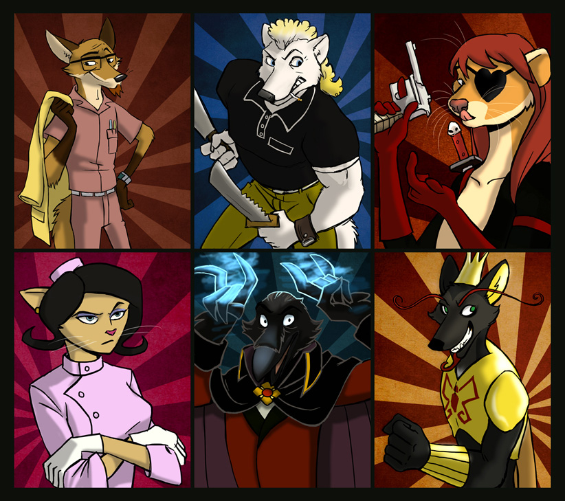 alternate_species anthro armor avian bird bladed_weapon blue_eyes bottomwear brock_samson canid canine canis cloak clothed clothing collared_shirt corvid corvus_(genus) coyote doctor_girlfriend domestic_cat dr._orpheus dr._thaddeus_venture eye_patch eyebrows eyeshadow eyewear facial_hair felid feline felis female fox furrification glasses goatee group gun heart_eye_patch holding_gun holding_object holding_weapon kenket licking_own_nose long_eyebrows magic_user makeup male mammal molotov_cocktease mustela mustelid musteline oscine pants passerine pen pink_clothing purple_eyeshadow ranged_weapon raven the_monarch_(venture_bros.) true_musteline venture_bros weapon white_glove wolf