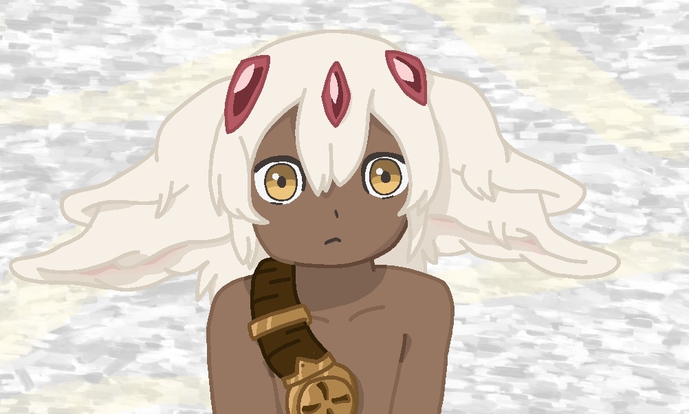 anthro big_ears brown_body brown_skin faputa female fur human humanoid lleoraum looking_at_viewer made_in_abyss mammal narehate simple_background solo tan_body white_body white_fur yellow_eyes young
