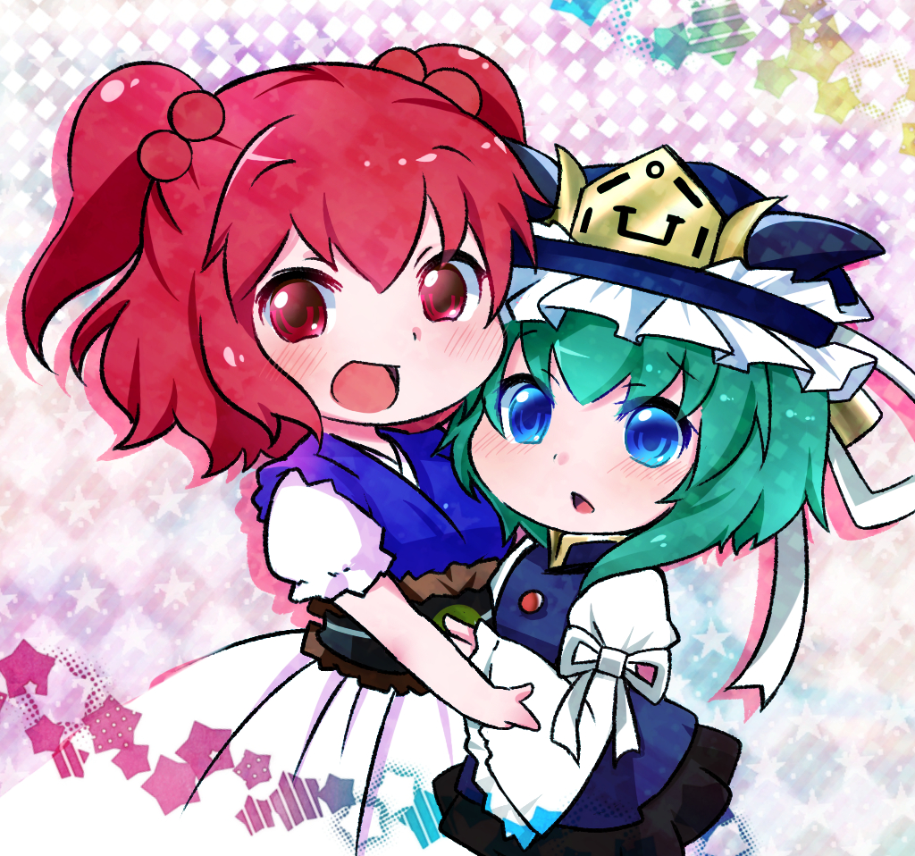 2girls asymmetrical_hair black_headwear black_sash blue_dress blue_eyes blue_headwear blue_kimono blue_vest blush blush_stickers bow breasts brown_sash buttons chibi cleavage dress enma_(mythology) epaulettes flower frilled_hat frills green_hair hair_between_eyes hair_bobbles hair_ornament hat japanese_clothes kimono kokumo_an'yo long_sleeves looking_at_viewer mary_janes medium_breasts multiple_girls onozuka_komachi open_mouth petticoat puffy_short_sleeves puffy_sleeves red_bow red_eyes red_flower red_hair ribbon-trimmed_skirt ribbon-trimmed_vest ribbon_trim rod_of_remorse sash scythe shiki_eiki shirt shoes short_hair short_sleeves short_twintails skirt sleeve_bow smile socks spider_lily standing star_(symbol) touhou twintails two_side_up vest white_bow white_shirt white_skirt wide_sleeves