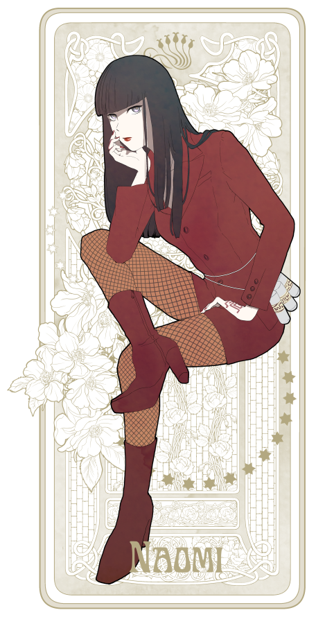 1girl black_hair boots closed_mouth devil_summoner flower formal full_body high_heel_boots high_heels lipstick long_hair looking_at_viewer makeup nail_polish naomi_(soul_hackers) nyabusaka pantyhose solo soul_hackers suit tattoo white_flower yellow_eyes