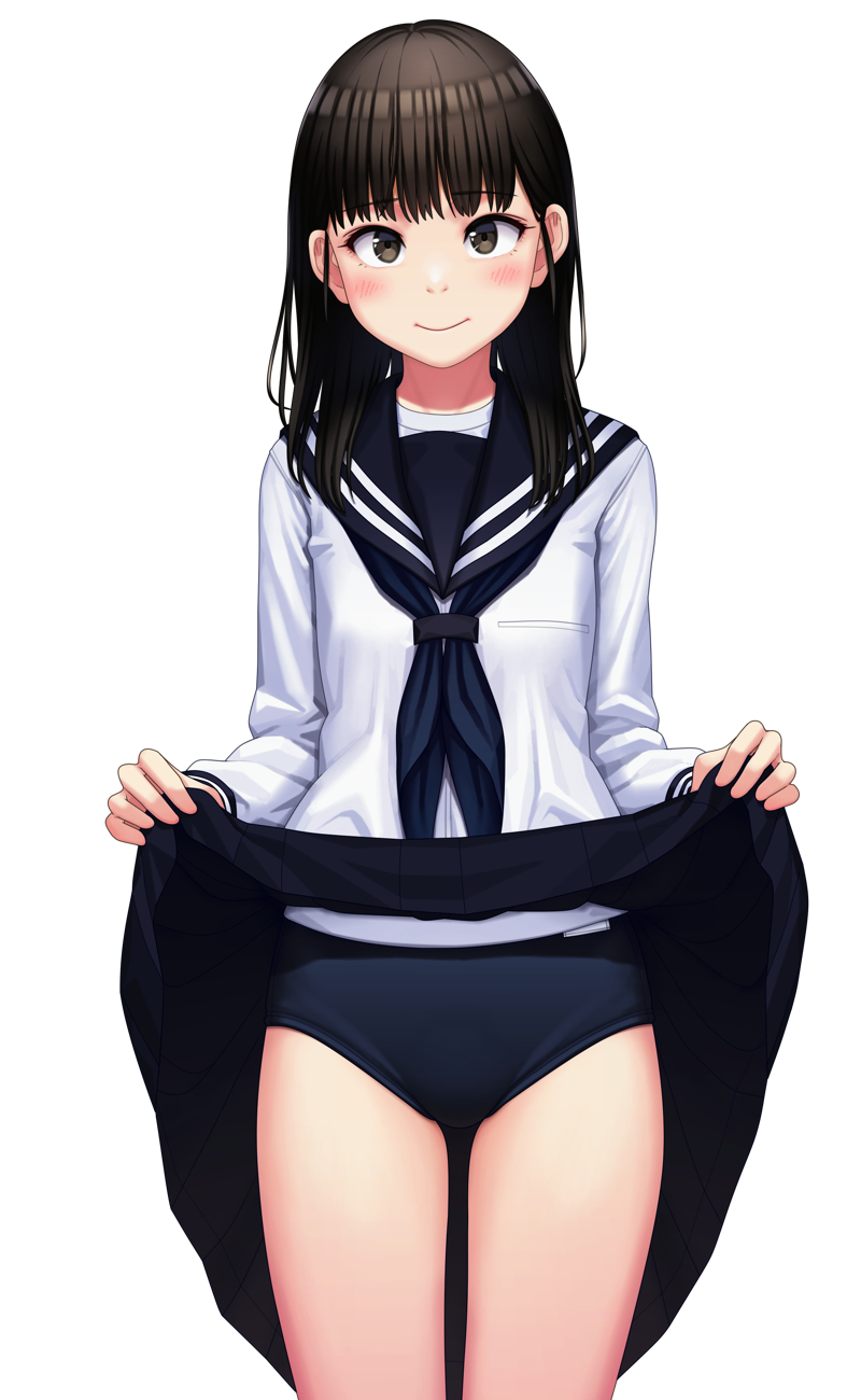 1girl black_hair black_neckerchief black_sailor_collar black_skirt blue_buruma buruma buruma_under_skirt closed_mouth clothes_lift commentary cowboy_shot highres lifted_by_self long_sleeves looking_at_viewer maburu_(lojyq1eur3e8bit) medium_hair neckerchief original sailor_collar school_uniform serafuku shirt simple_background skirt skirt_lift smile solo standing white_background white_shirt