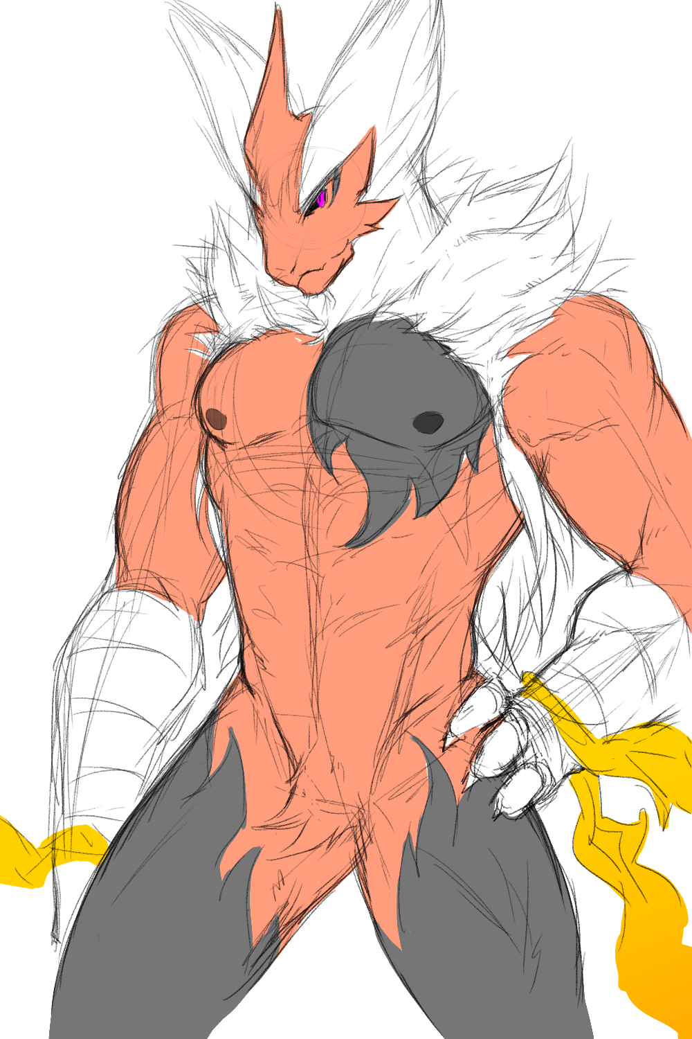 2015 anthro biceps blaziken feathers feet generation_3_pokemon hand_on_hip hi_res looking_at_viewer maiofu male mega_blaziken mega_evolution muscular muscular_anthro muscular_male neck_tuft nintendo nipples pecs pokemon pokemon_(species) purple_eyes red_body red_feathers simple_background sketch solo talons toes tuft white_background white_body white_feathers