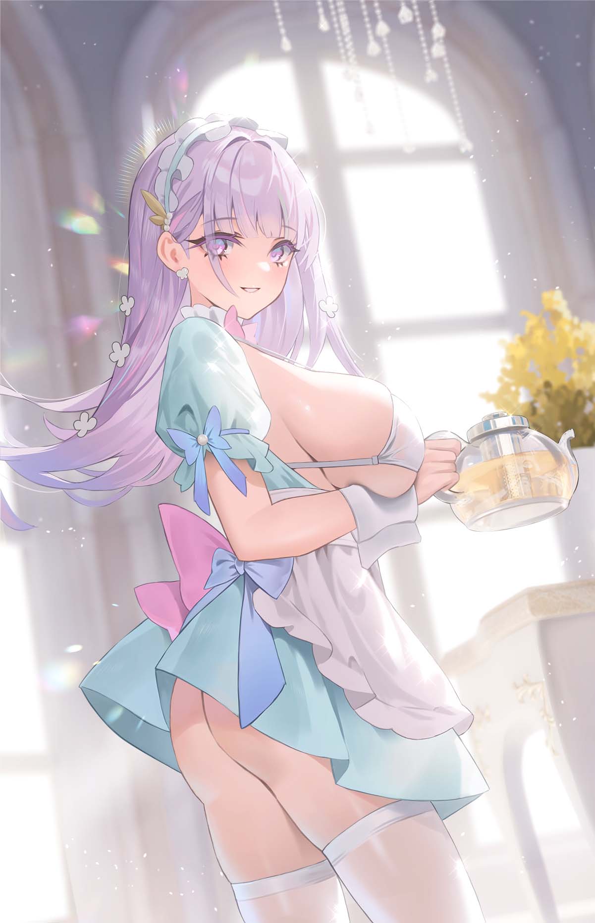 1girl apron aqua_dress ass azur_lane bangs bikini bikini_top_only bow breasts cirilla_lin clothing_cutout cowboy_shot dress eyes_visible_through_hair frilled_hairband frilled_sleeves frills grin hair_ornament hairband highres holding indoors large_breasts long_hair looking_at_viewer maid maid_headdress parted_lips plymouth_(azur_lane) puffy_short_sleeves puffy_sleeves purple_eyes purple_hair short_sleeves sidelocks skindentation smile solo standing string_bikini swimsuit thighhighs white_apron white_bikini white_hairband white_thighhighs