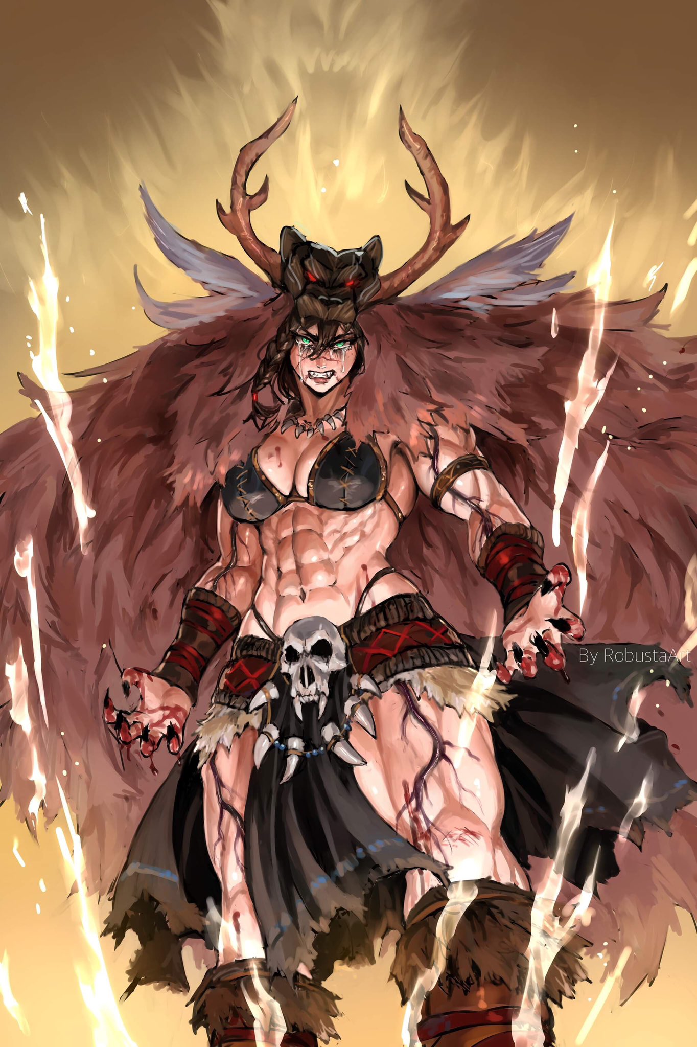 1girl abs animal_hood animal_skull armlet barbarian bikini blood blood_on_hands boots bracer braid brown_hair cloak crying crying_with_eyes_open fake_horns fangs fingernails fur_boots fur_cloak fur_trim glowing green_eyes helmet highres hood horned_helmet horns jewelry loincloth looking_at_viewer muscular muscular_female necklace original robusta_mania sharp_fingernails signature skirt solo swimsuit tears tooth_necklace