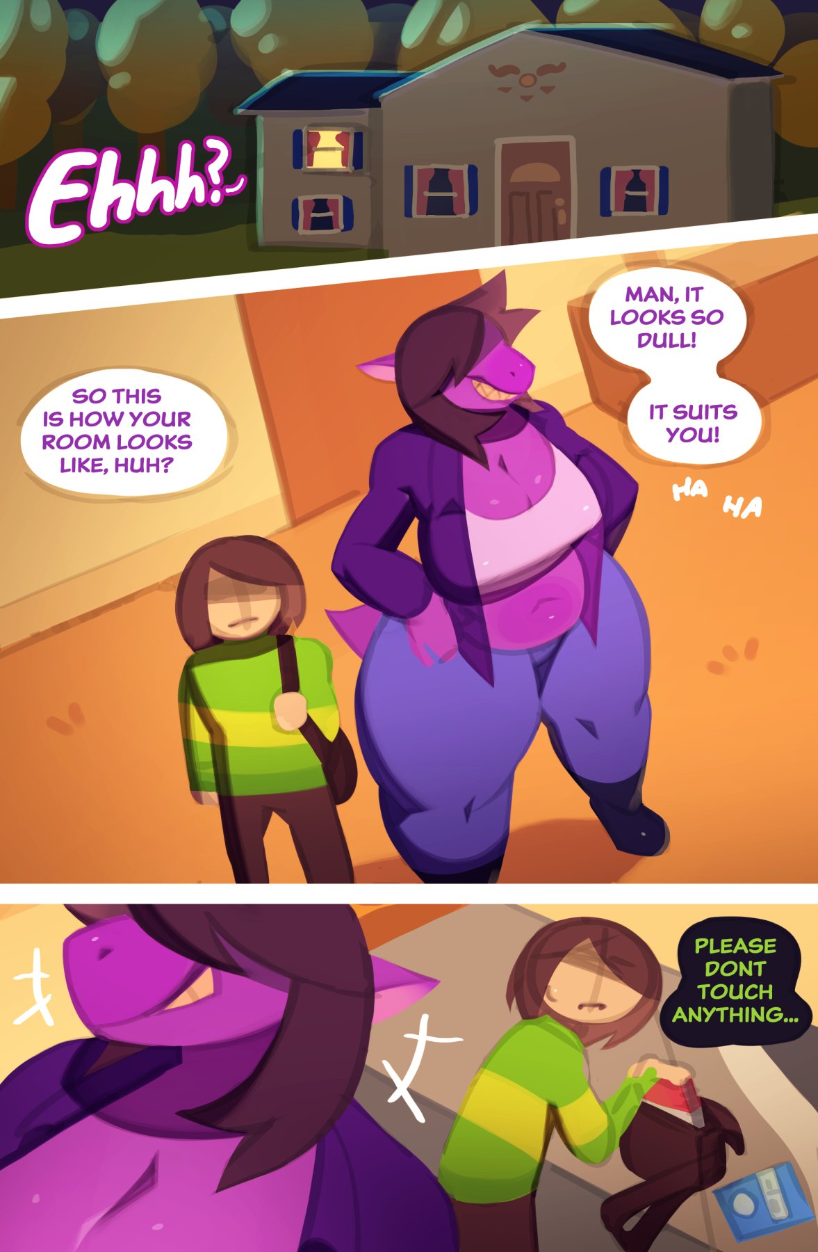 2022 anthro bed big_breasts bottomwear breasts brown_hair chubby_anthro chubby_female clothing comic deltarune dialogue duo english_text female furniture hair hi_res human jacket kris_(deltarune) light_body light_skin male mammal navel pants purple_body purple_skin scalie shirt standing susie_(deltarune) svarzye teeth text thick_thighs topwear undertale_(series) video_games