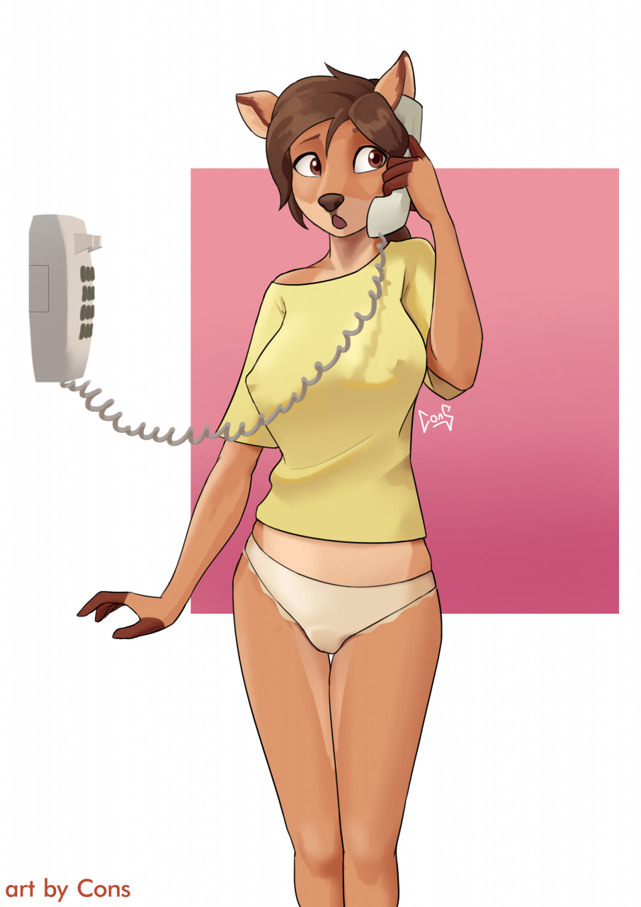 anthro breasts brown_body brown_fur brown_hair cervid cervine clothing female fur hair hi_res mammal nipple_outline nipples nude open_mouth panties phone pwnagespartan reiko_(pwnagespartan) shirt short_hair sika_deer solo standing topwear underwear wired_phone