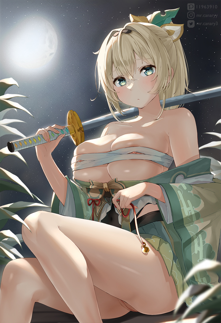 alternate_breast_size black_hairband blonde_hair bow breasts budget_sarashi chest_sarashi completely_nude double-parted_bangs egasumi full_moon green_eyes green_skirt hair_bow hair_intakes hairband hakama hakama_short_skirt hakama_skirt haori holding holding_sword holding_weapon hololive instagram_username japanese_clothes katana kazama_iroha kazama_iroha_(1st_costume) large_breasts medium_hair miniskirt moon moonlight mr.canaryy multicolored_bow multicolored_clothes multicolored_skirt night nipple_slip nipples no_panties nude off_shoulder over_shoulder pixiv_id pussy sarashi sitting skindentation skirt sky star_(sky) starry_sky sword sword_over_shoulder twitter_username uncensored undersized_clothes virtual_youtuber weapon weapon_over_shoulder yellow_haori